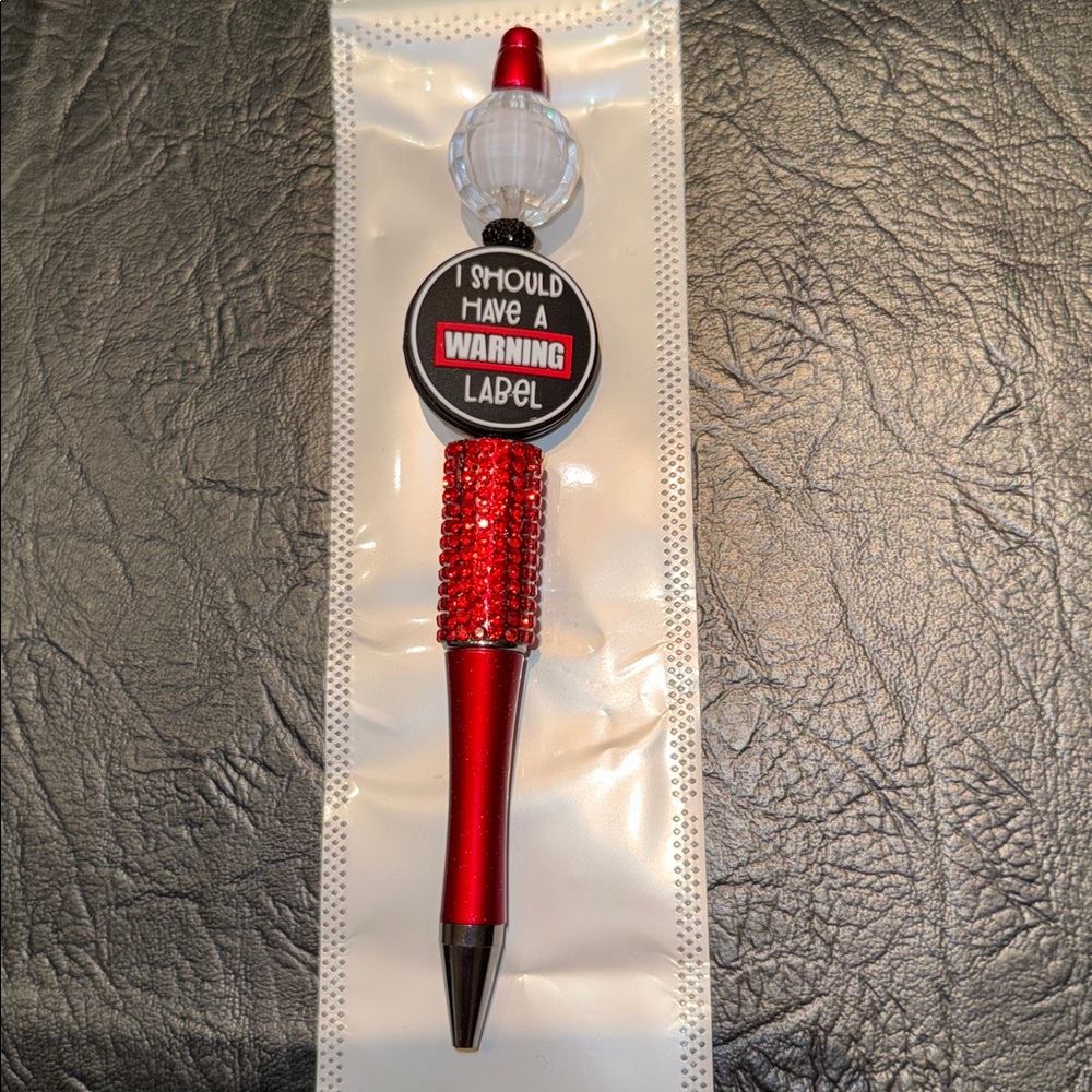 Pen with Rhinestones & “Warning Label” focal Bead Red, NEW, Beautiful Pen